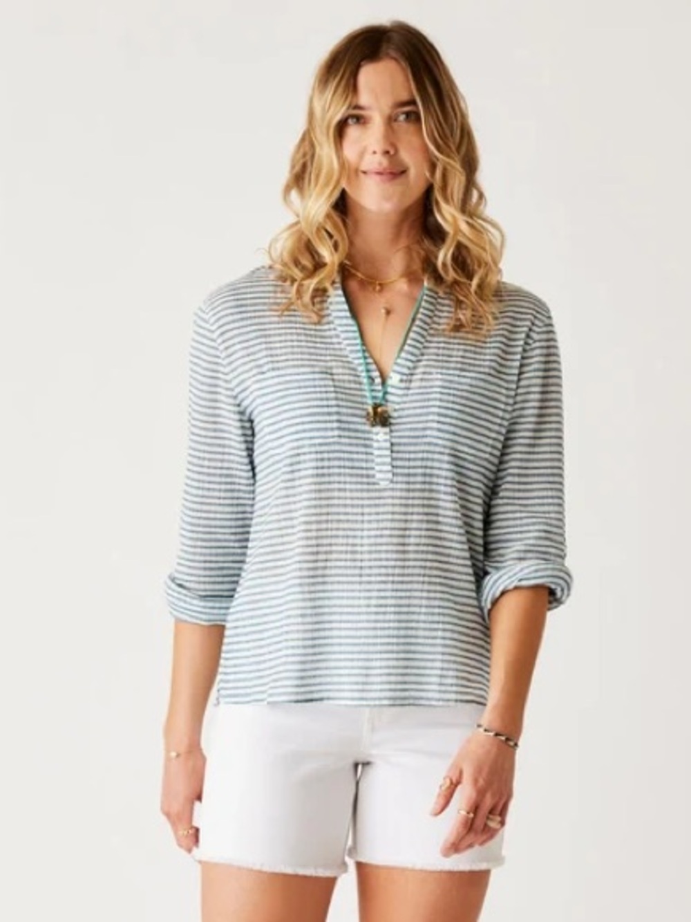 Carve Designs Striped V-Neck Tunic in Light Blue Green Stripe, Linen, Vacation